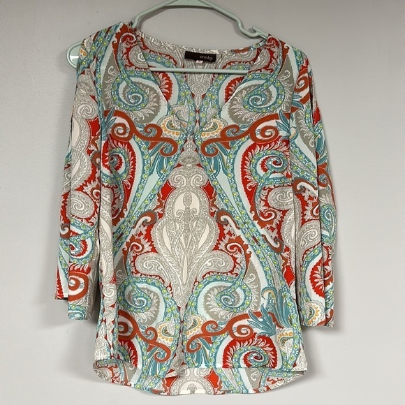 crosby. Tops - Super Cute, Crosby. 3/4 slitted BELL Sleeve Boho Multicolored blouse size S